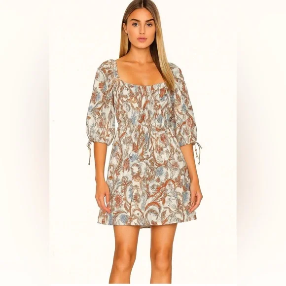 brown paisley mini dress Brown Paisley Print Half Buttons Puff Sleeve Flowy Short Dress main image 1